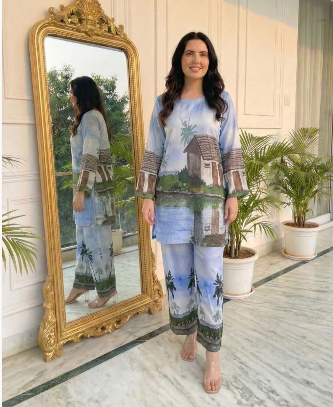 Women Scenic Landscape Print Kurta & Pant Co-Ord Set – Soft Pastel Blue Lounge Wear Ensemble
