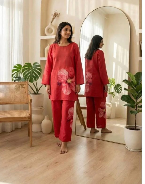 Women dusty Red Floral Printed Kurta & Straight Pant Co-ord Set