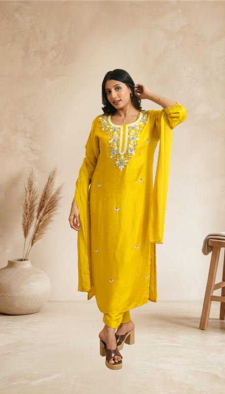 Women Yellow Embroidered Kurta Set with Pants & Dupatta