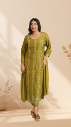 Olive Green Embroidered Kurta Set with Dupatta – Straight Fit Ethnic Wear for Women