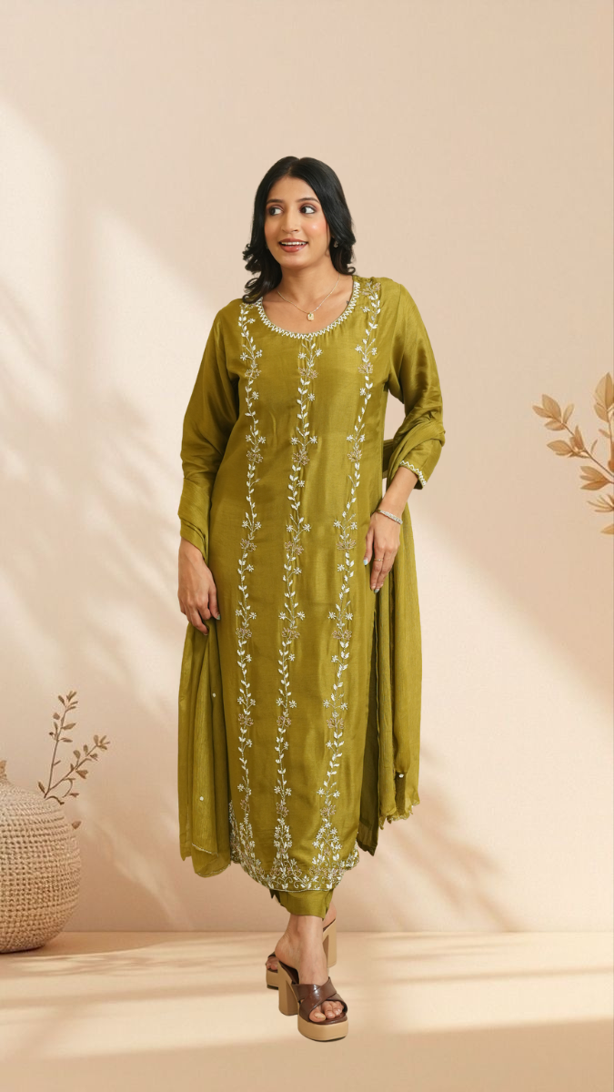 Olive Green Embroidered Kurta Set with Dupatta – Straight Fit Ethnic Wear for Women