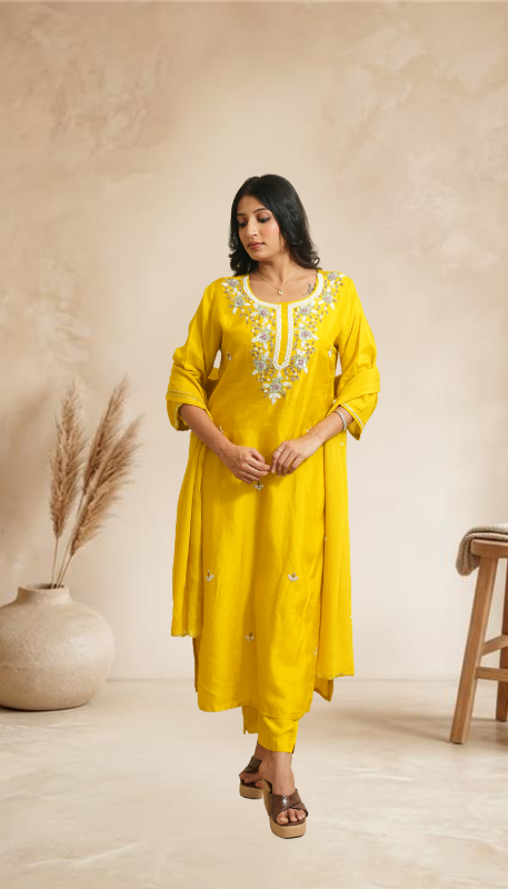 Women Yellow Embroidered Kurta Set with Pants & Dupatta