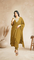 Women mahendi green Embroidered Straight Kurta Set with Dupatta