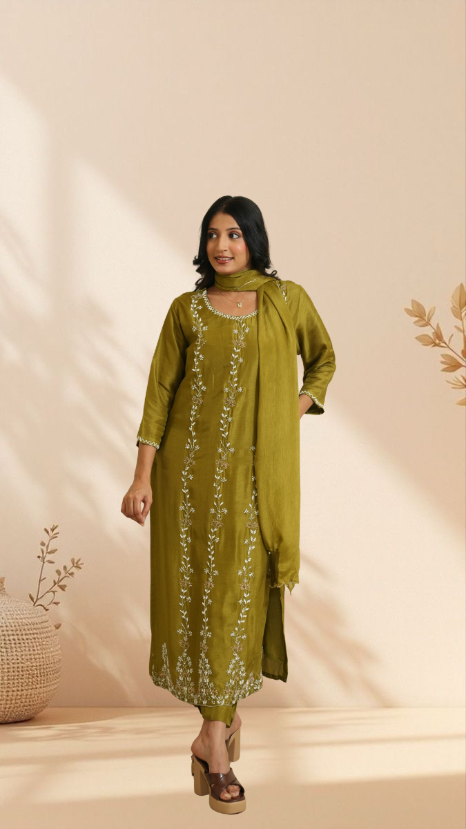 Olive Green Embroidered Kurta Set with Dupatta – Straight Fit Ethnic Wear for Women
