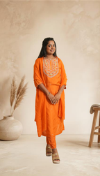 Women Orange Embroidered Kurta with Pants & Dupatta Set