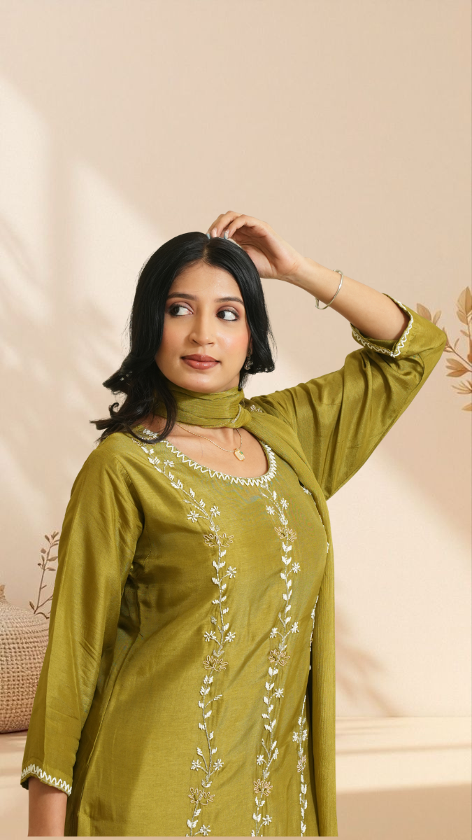 Olive Green Embroidered Kurta Set with Dupatta – Straight Fit Ethnic Wear for Women