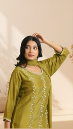 Olive Green Embroidered Kurta Set with Dupatta – Straight Fit Ethnic Wear for Women