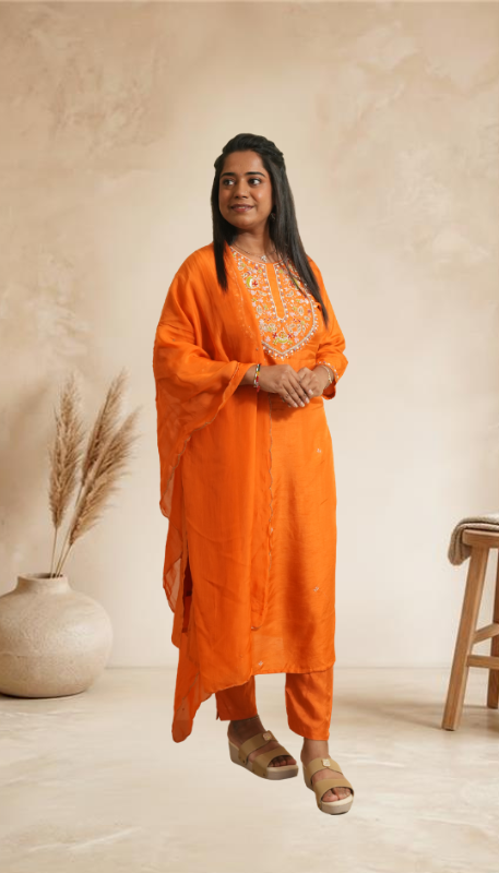 Women Orange Embroidered Kurta with Pants & Dupatta Set