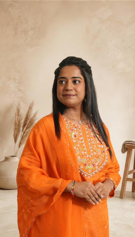 Women Orange Embroidered Kurta with Pants & Dupatta Set
