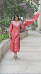 Women Coral Embroidered Kurta Set with Chiffon Dupatta