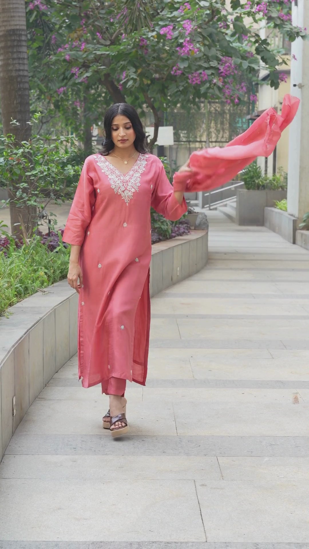 Women Coral Embroidered Kurta Set with Chiffon Dupatta