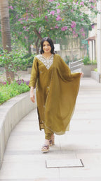 Women mahendi green Embroidered Straight Kurta Set with Dupatta