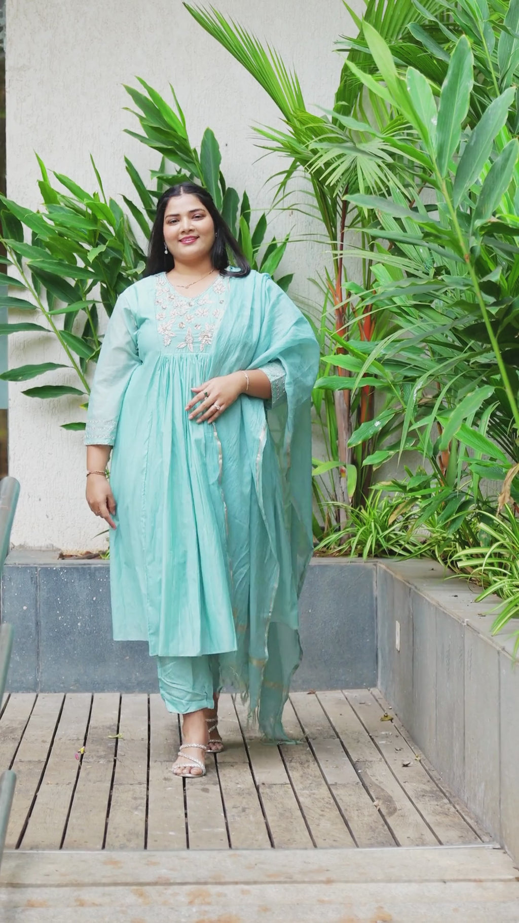 Women pastel turquoise Embroidered A-Line Kurta Set with Dupatta