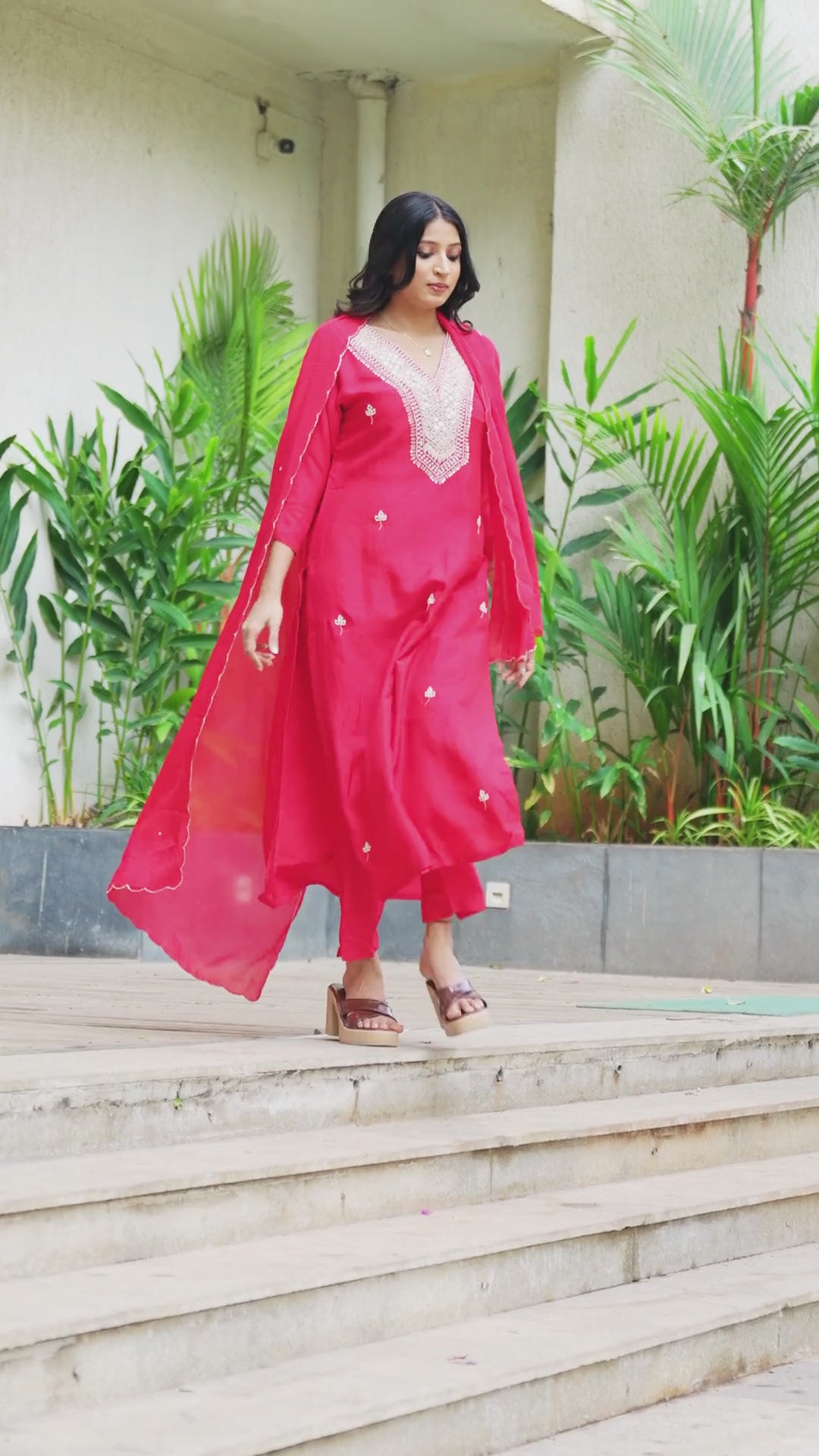 Red pure chnderi silk with heavy mirror work of kurta set with pant and dupatta
