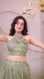 Elegant Sage Green Floral Embroidered Lehenga Set for Festive & Wedding Occasions