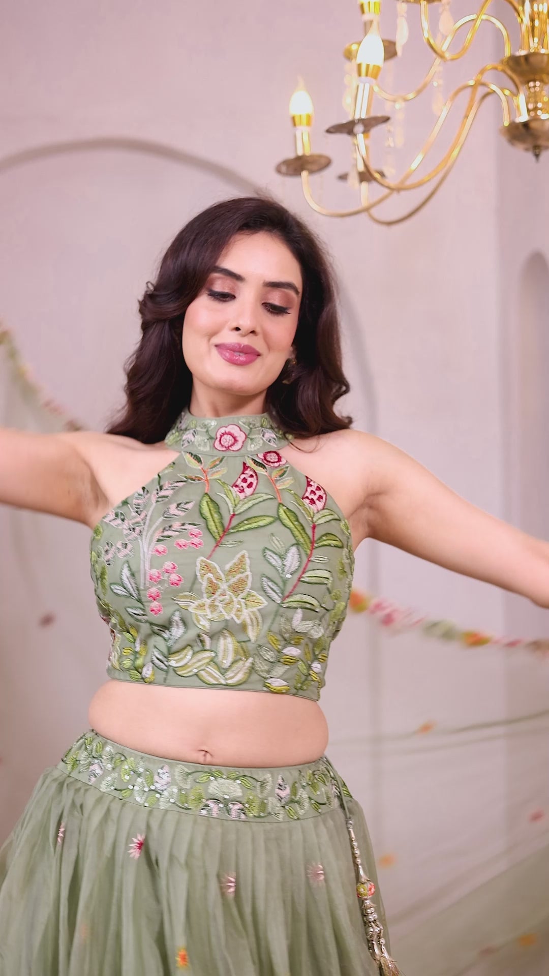 Elegant Sage Green Floral Embroidered Lehenga Set for Festive & Wedding Occasions