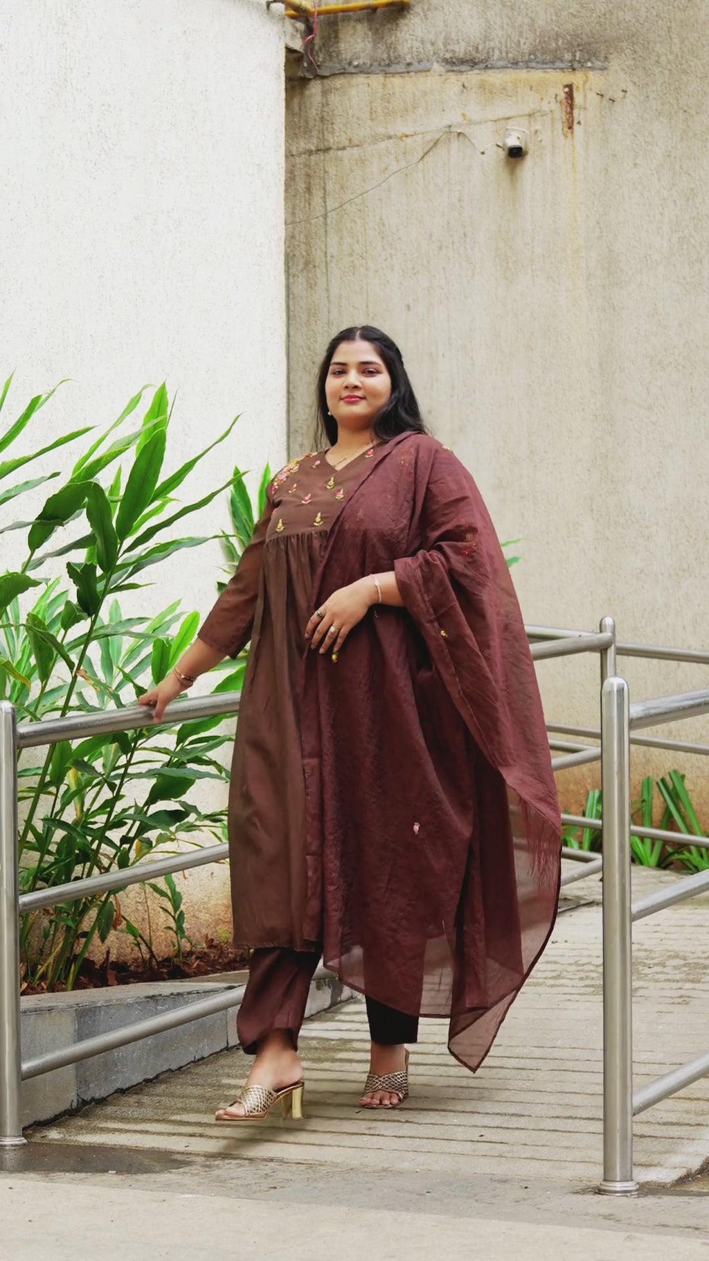 Women Brown Embroidered Kurta with Pants & Dupatta Set