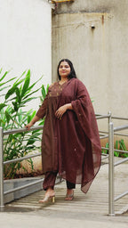 Women Brown Embroidered Kurta with Pants & Dupatta Set