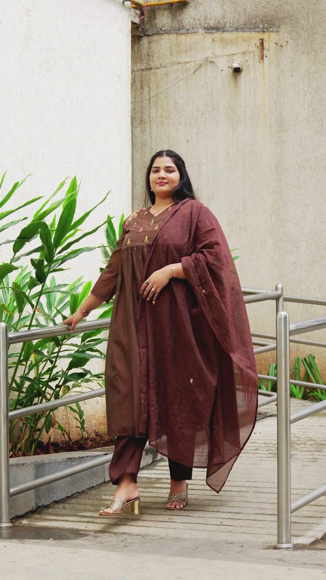 Women Brown Embroidered Kurta with Pants & Dupatta Set