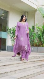 Effortless elegance in a soft lavender kurta set with delicate floral accents