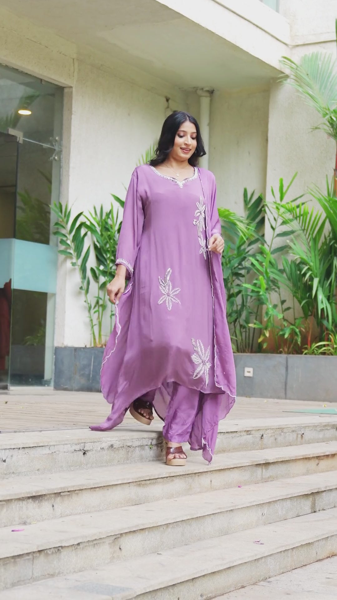 Effortless elegance in a soft lavender kurta set with delicate floral accents