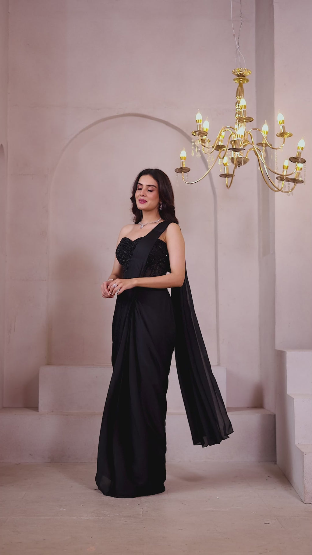 Elegant Midnight Black Saree with Glam Embellished Corset Blouse
