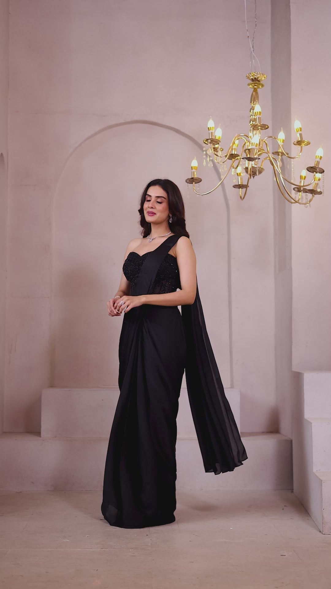Elegant Midnight Black Saree with Glam Embellished Corset Blouse