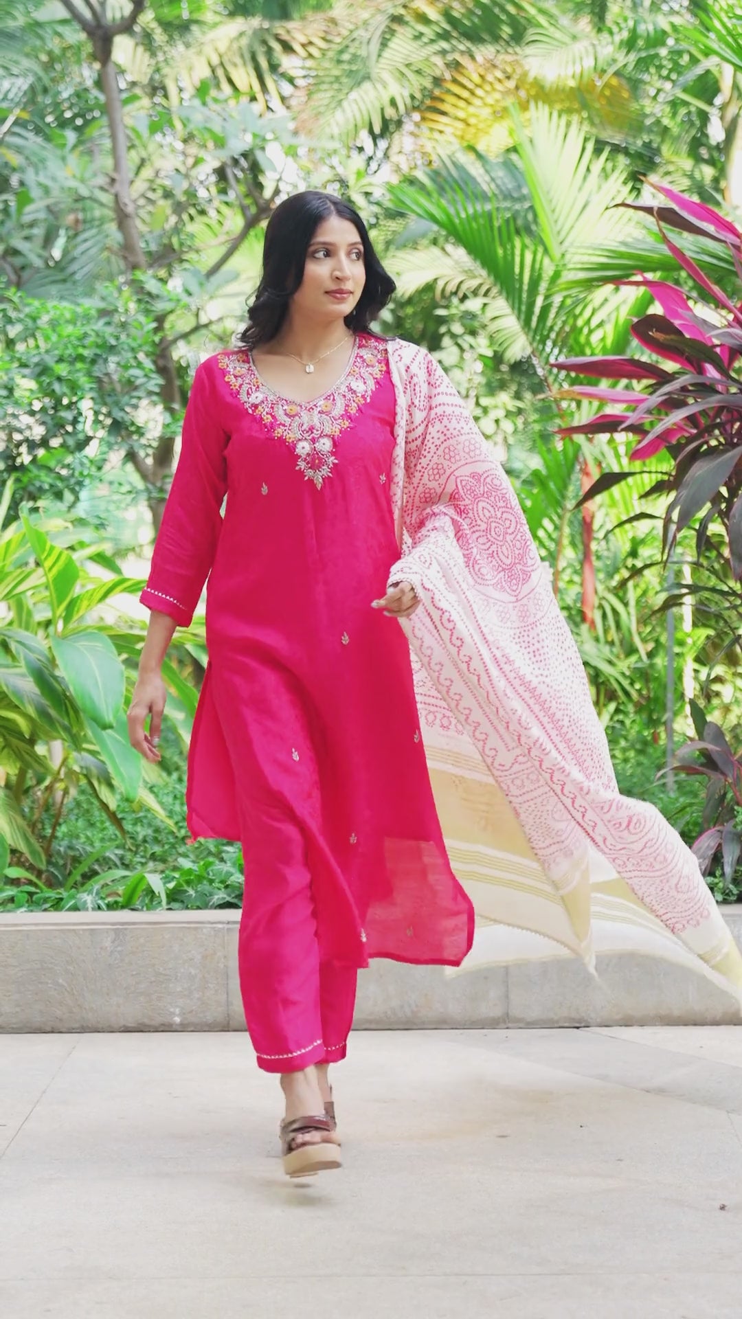 Women Pink Embroidered Kurta Set with Printed Dupatta & Pants