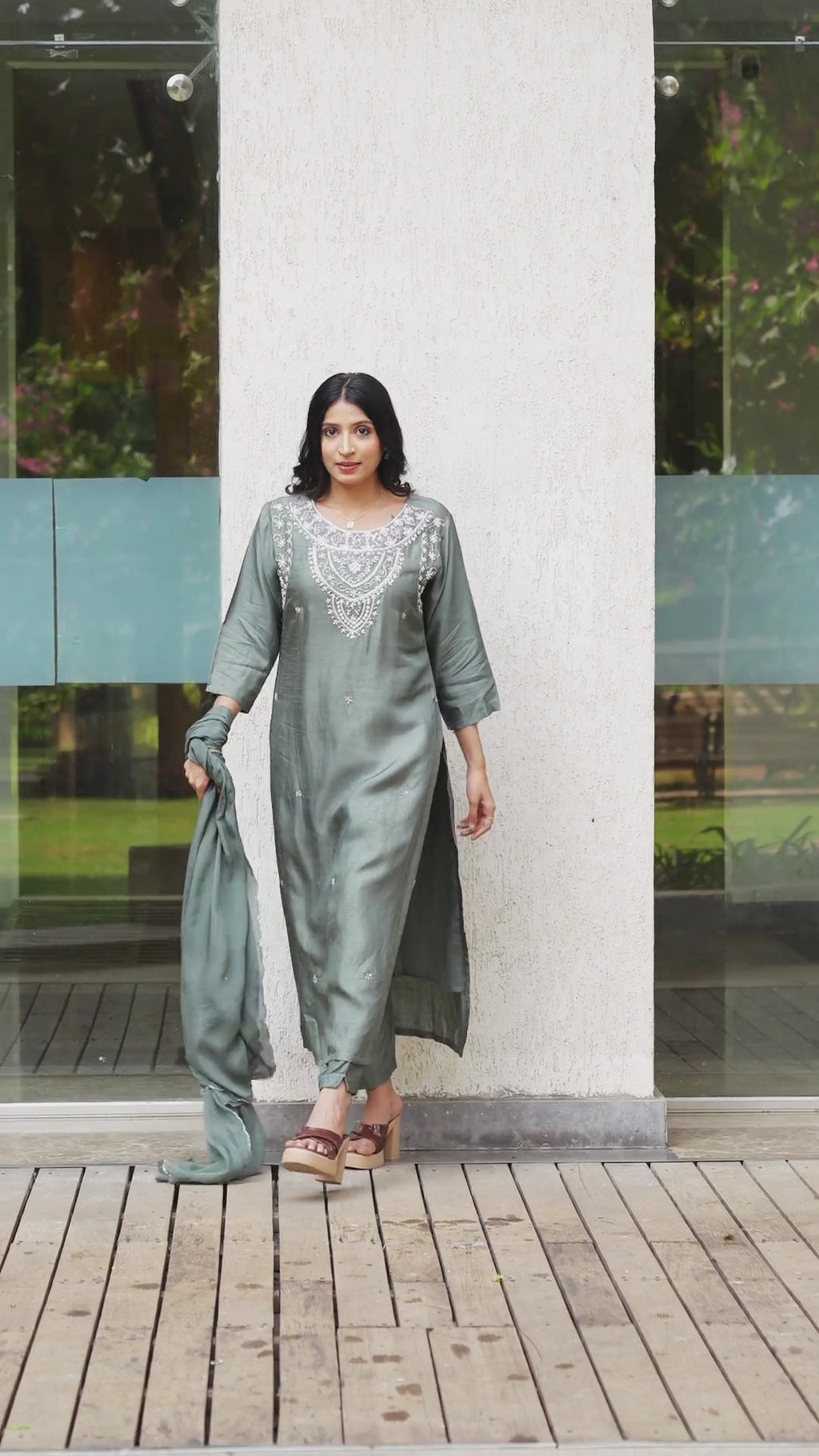 Women Olive Green Embroidered Straight Kurta Set with Dupatta
