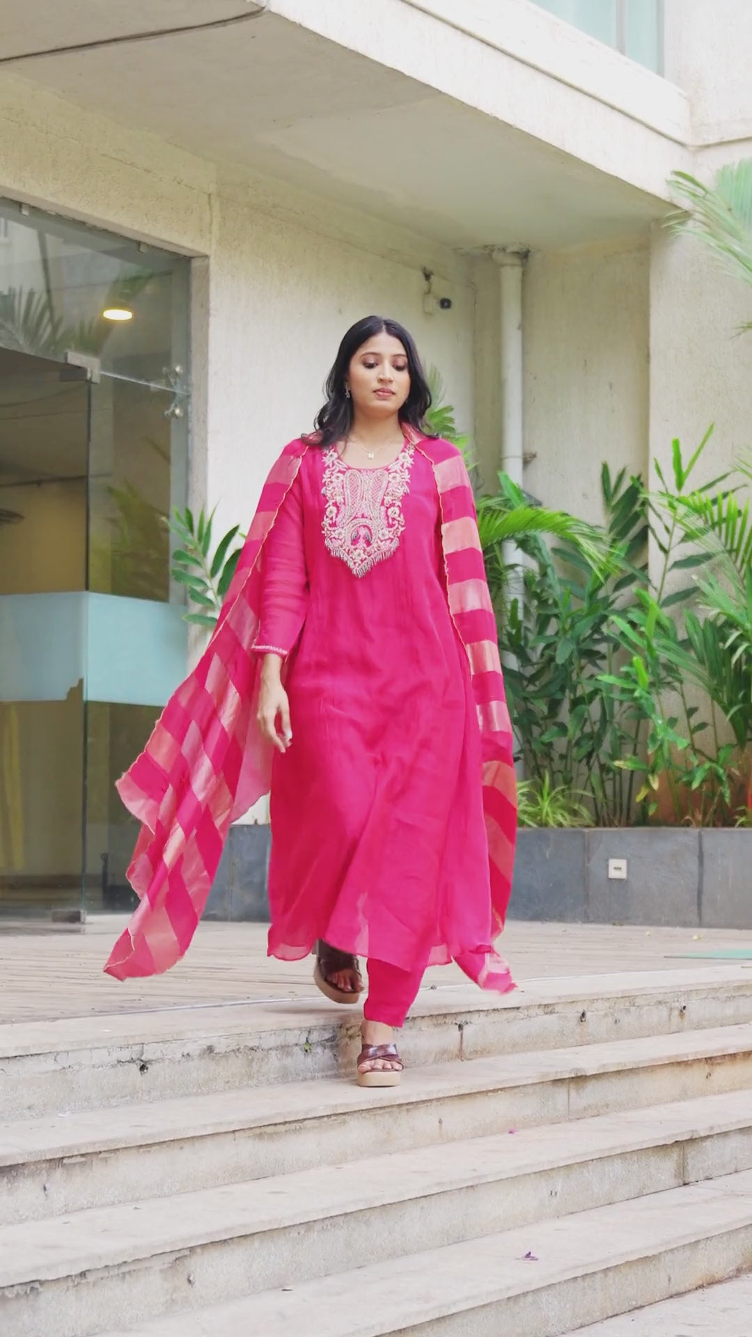 Women Bright Pink Embroidered Kurta with Pant & Striped Duptta