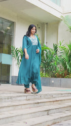 Teal Embroidered Anarkali Kurta Set with Chiffon Dupatta