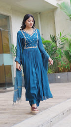 Women dark Teal blue Embroidered Anarkali Kurta Set with Pants & Dupatta