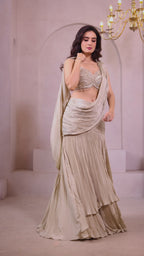 Elegant Champagne Gold Draped Lehenga Set for Glamorous Festive Evenings