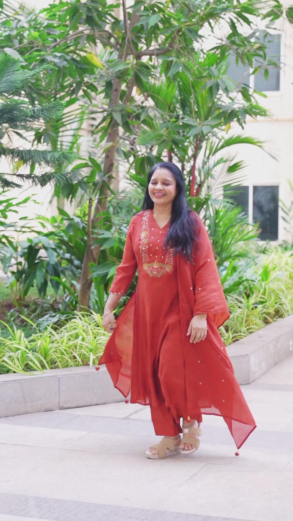 Elegant Festive rust Kurta Set with Embroidered Yoke & Dupatta