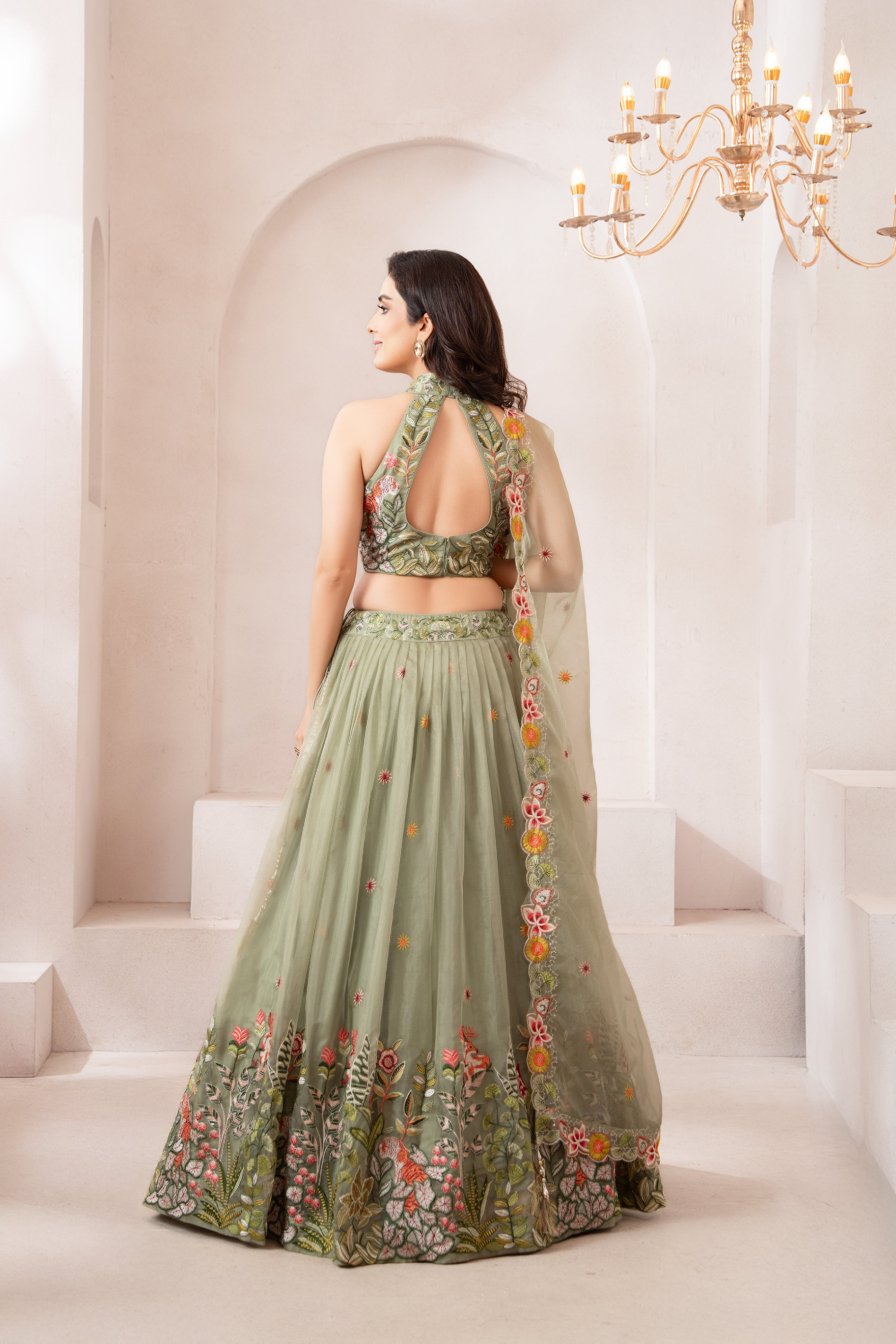 Elegant Sage Green Floral Embroidered Lehenga Set for Festive & Wedding Occasions