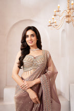 Elegant taupe Brown Embroidered Saree with Designer Blouse – Perfect for Wedding & Festive Wear