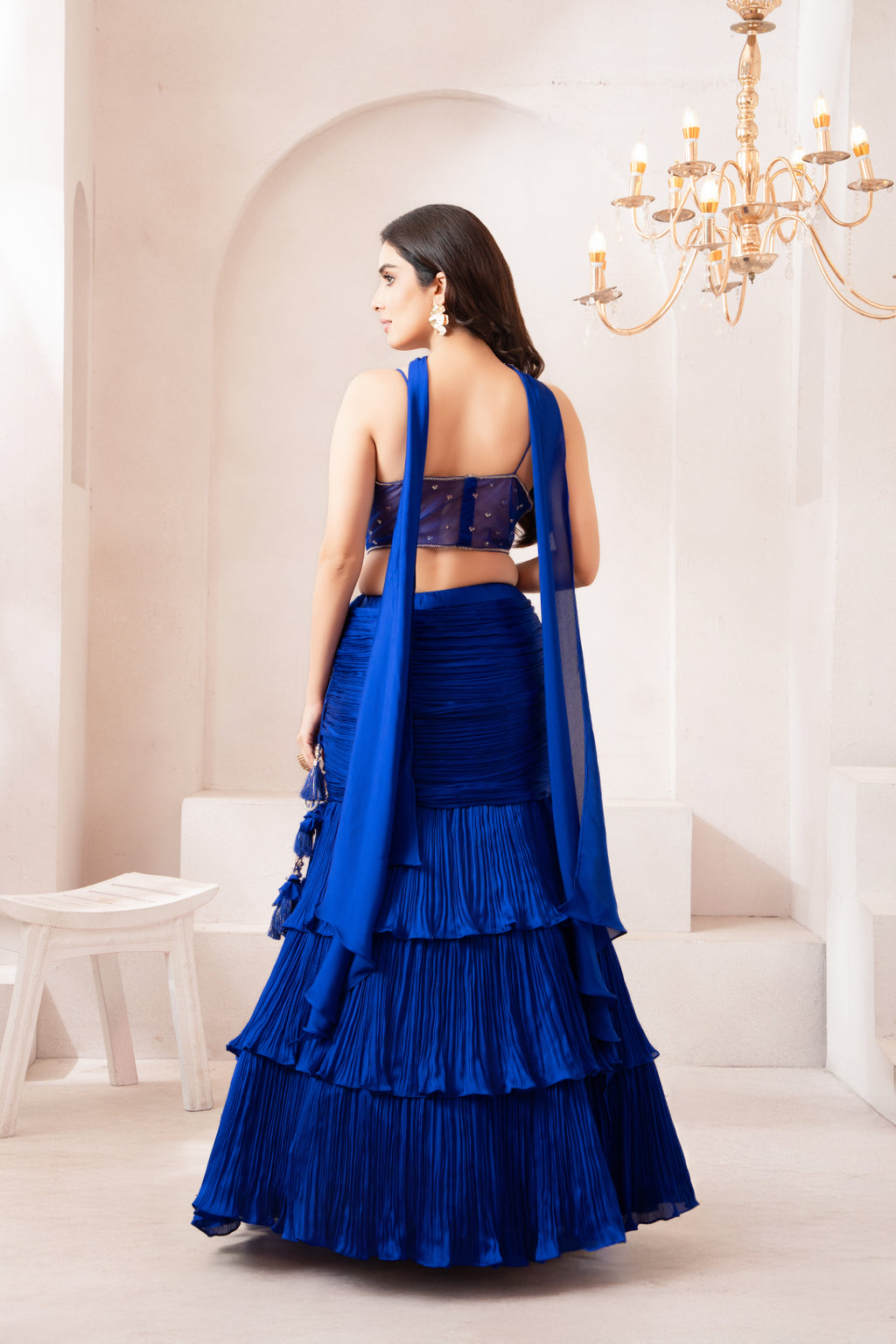 Royal Blue Ruffled Ghagra Lehenga with Embellished Blouse & Chiffon Dupatta