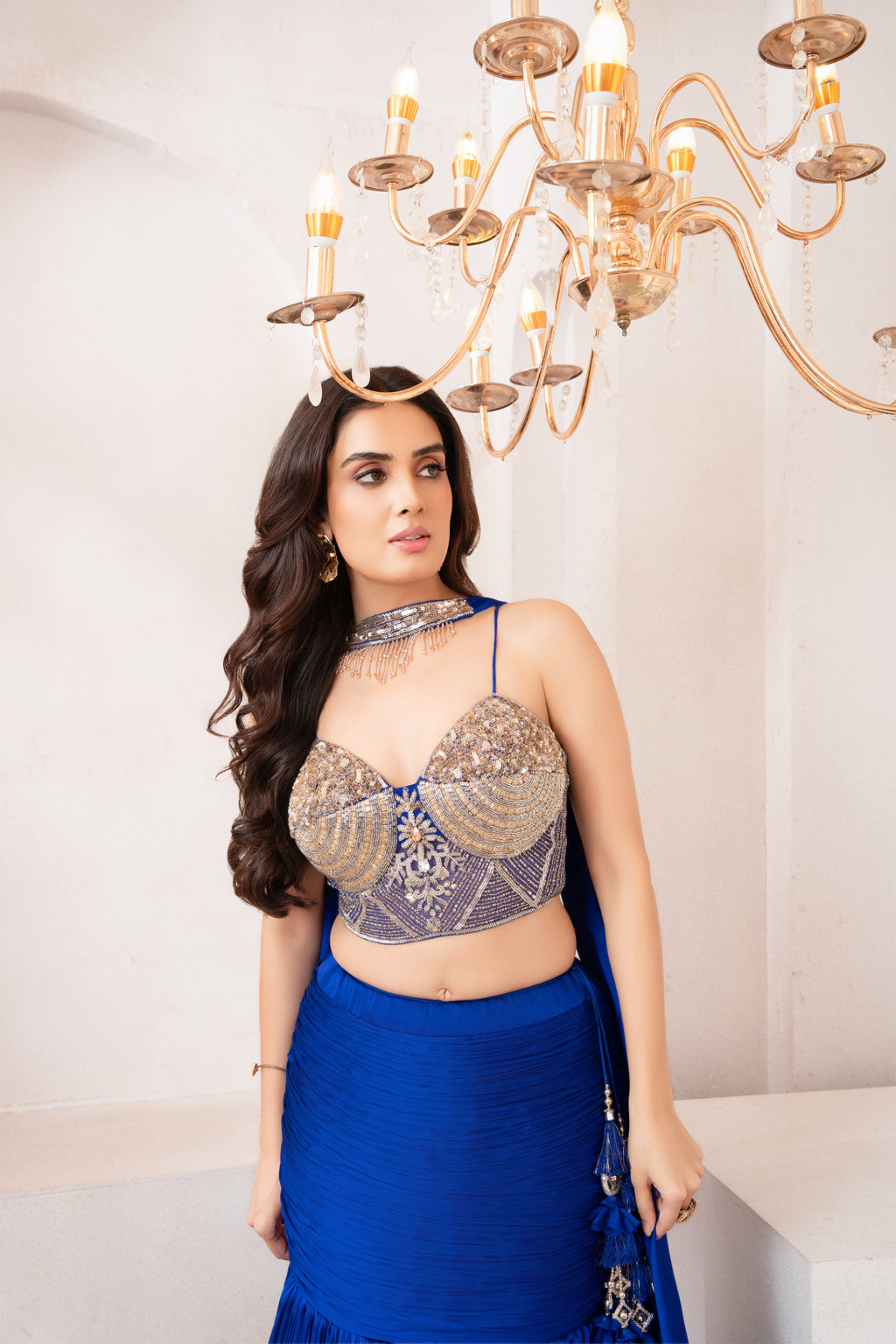 Royal Blue Ruffled Ghagra Lehenga with Embellished Blouse & Chiffon Dupatta